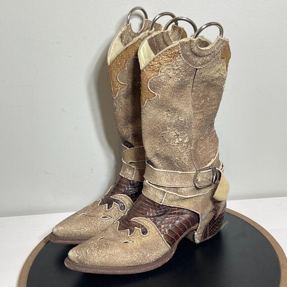Pecos‎ Bill Boots Women 6.5 Distressed Western Python Inlay Harness Exotic Rodeo - Picture 7 of 16